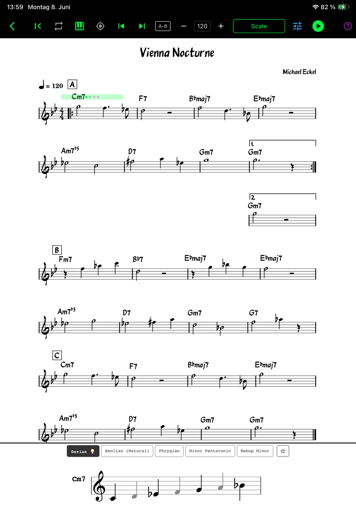 Vienna Nocturne PDF leadsheet with live green position marker on Cm7