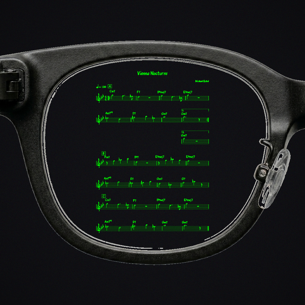 Rokid Smart Glasses — Lead sheet view of Vienna Nocturne with all sections A/B/C, voltas, chord labels, and full notation