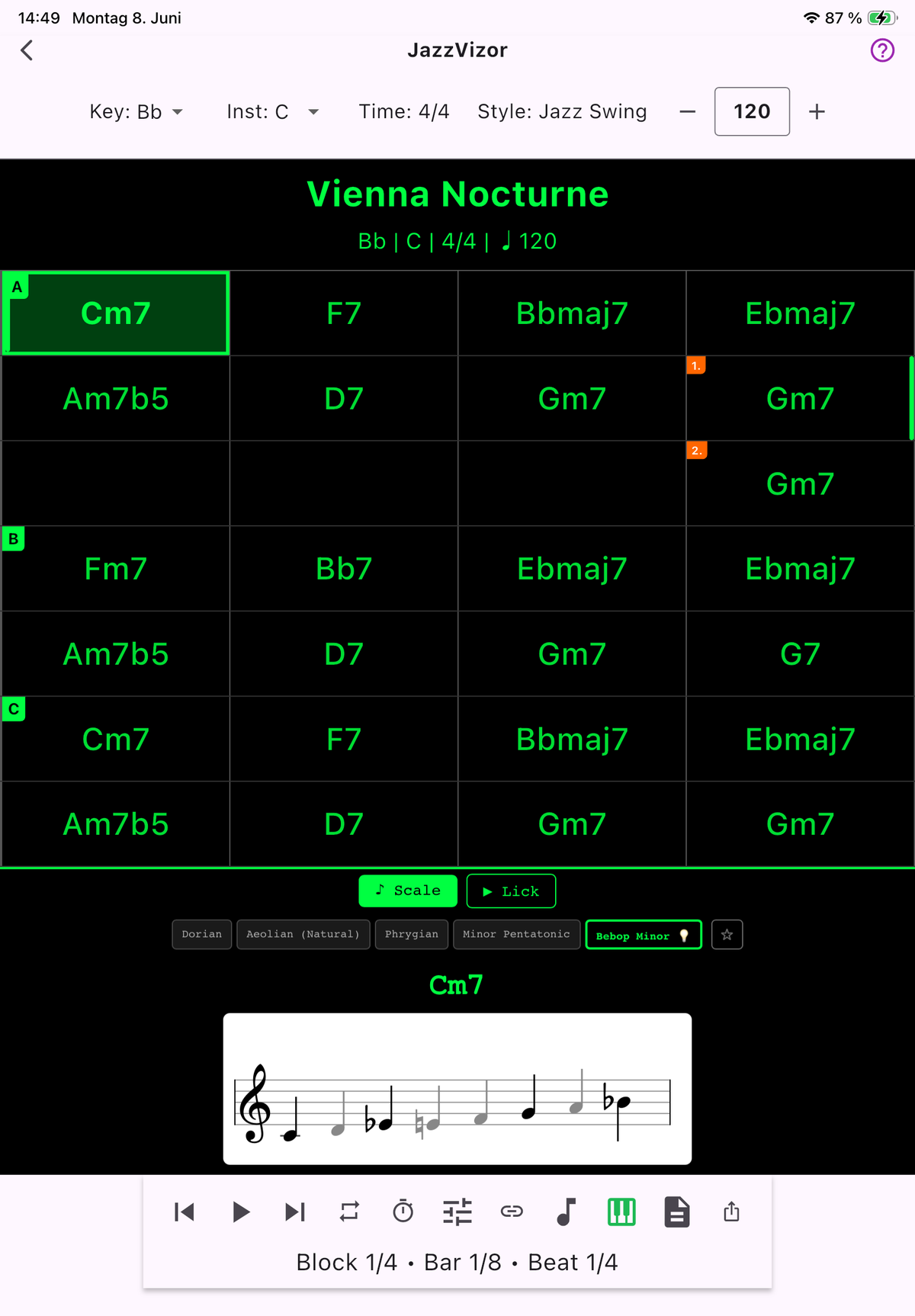 Vienna Nocturne — Scale Widget with Bebop Minor on Cm7