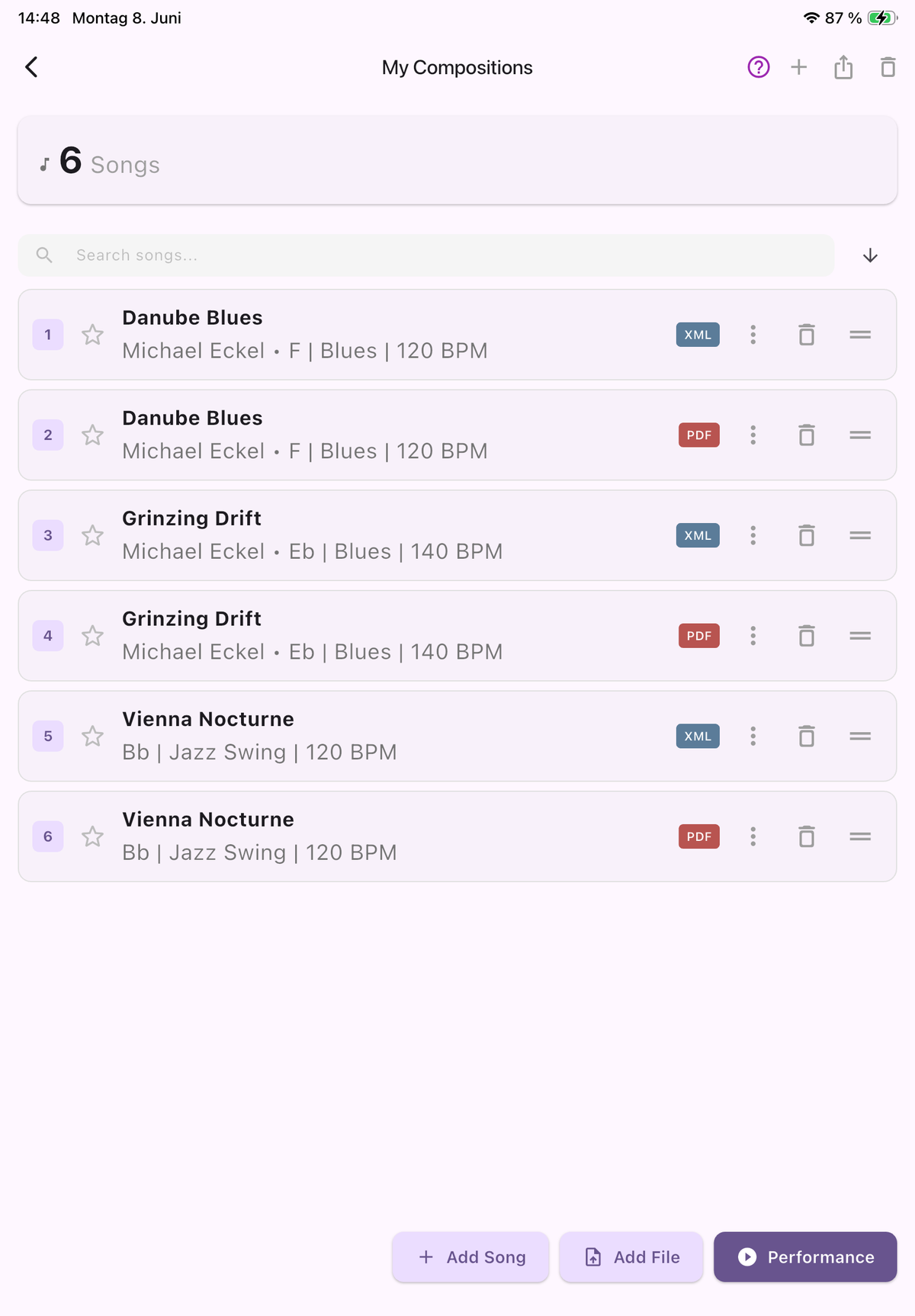 Setlist detail — songs with PDF/XML