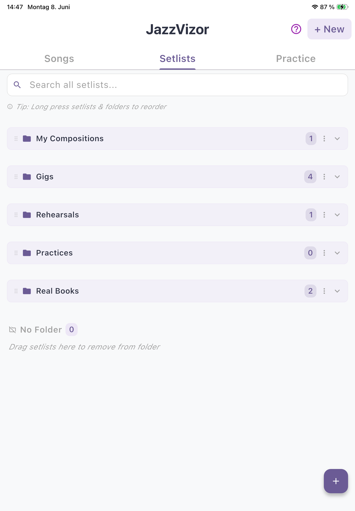 Setlist tab — Folder overview