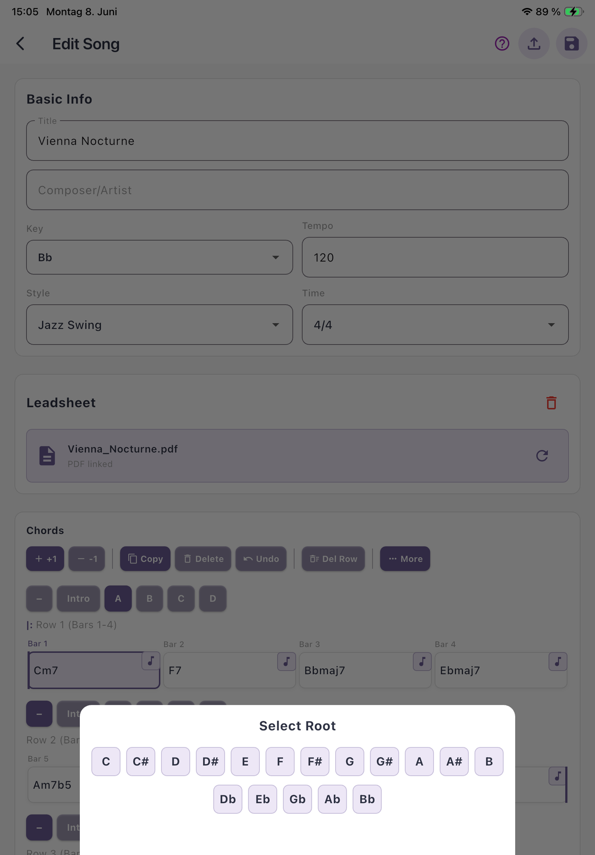 Song Editor — Vienna Nocturne with Select Root picker (C, C#, D, D#...)